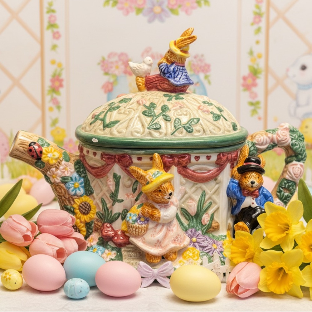 Vintage Mercuries 1998 Bunny Teapot Figurine Easter Rabbit Floral Collectible